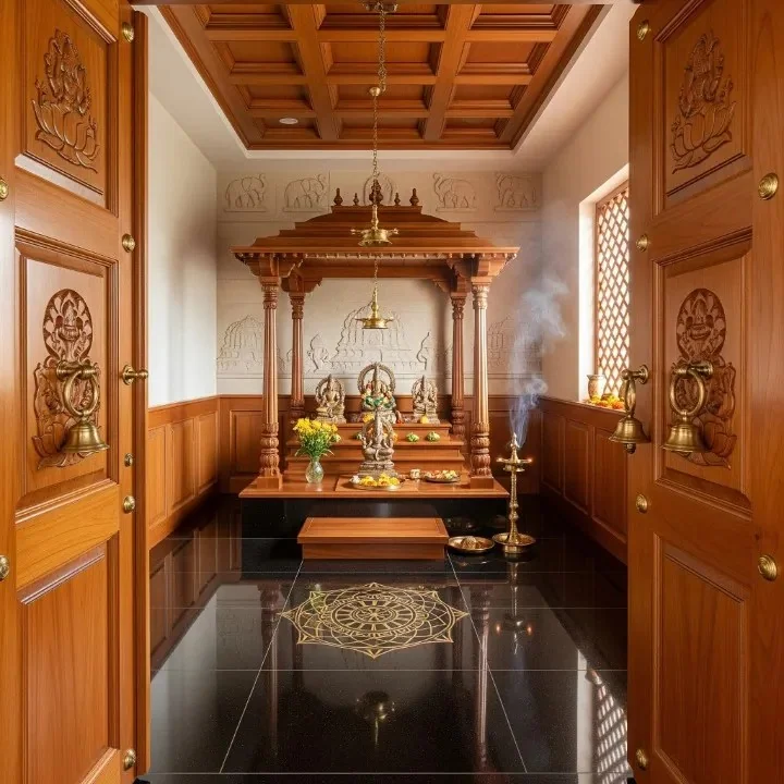 Complete prayer room reference with wooden mandap, jaali doors and lamp niches (reference 08)