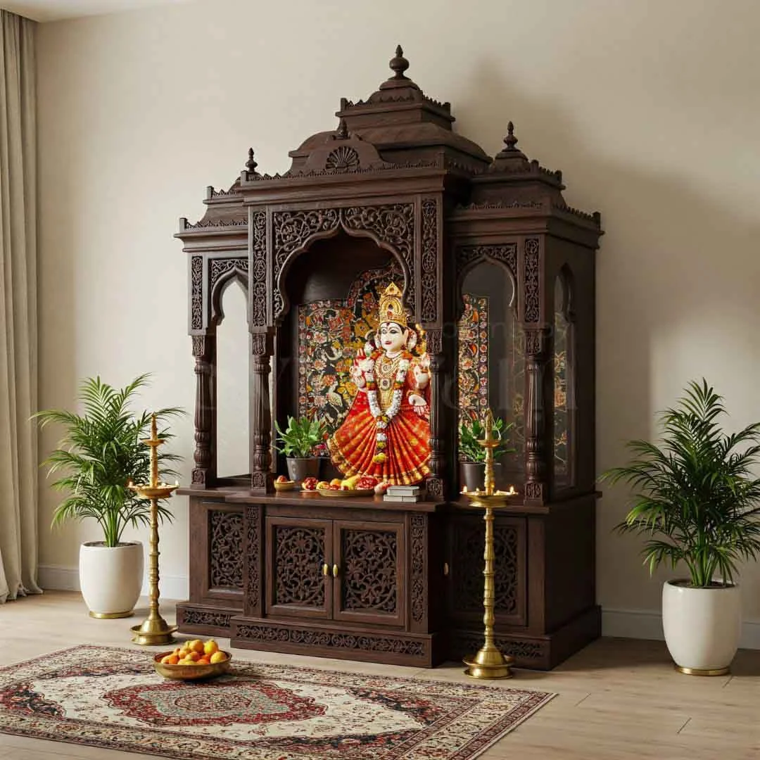 Carved wooden pooja unit design reference with panelled doors and a deity niche (reference 07)