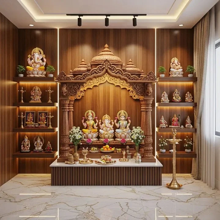 Pooja mandap reference showing a carved canopy over the deity platform (reference 20)