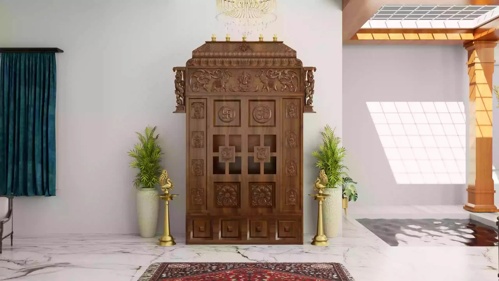 Enclosed walk-in pooja unit design with carved panelling and storage