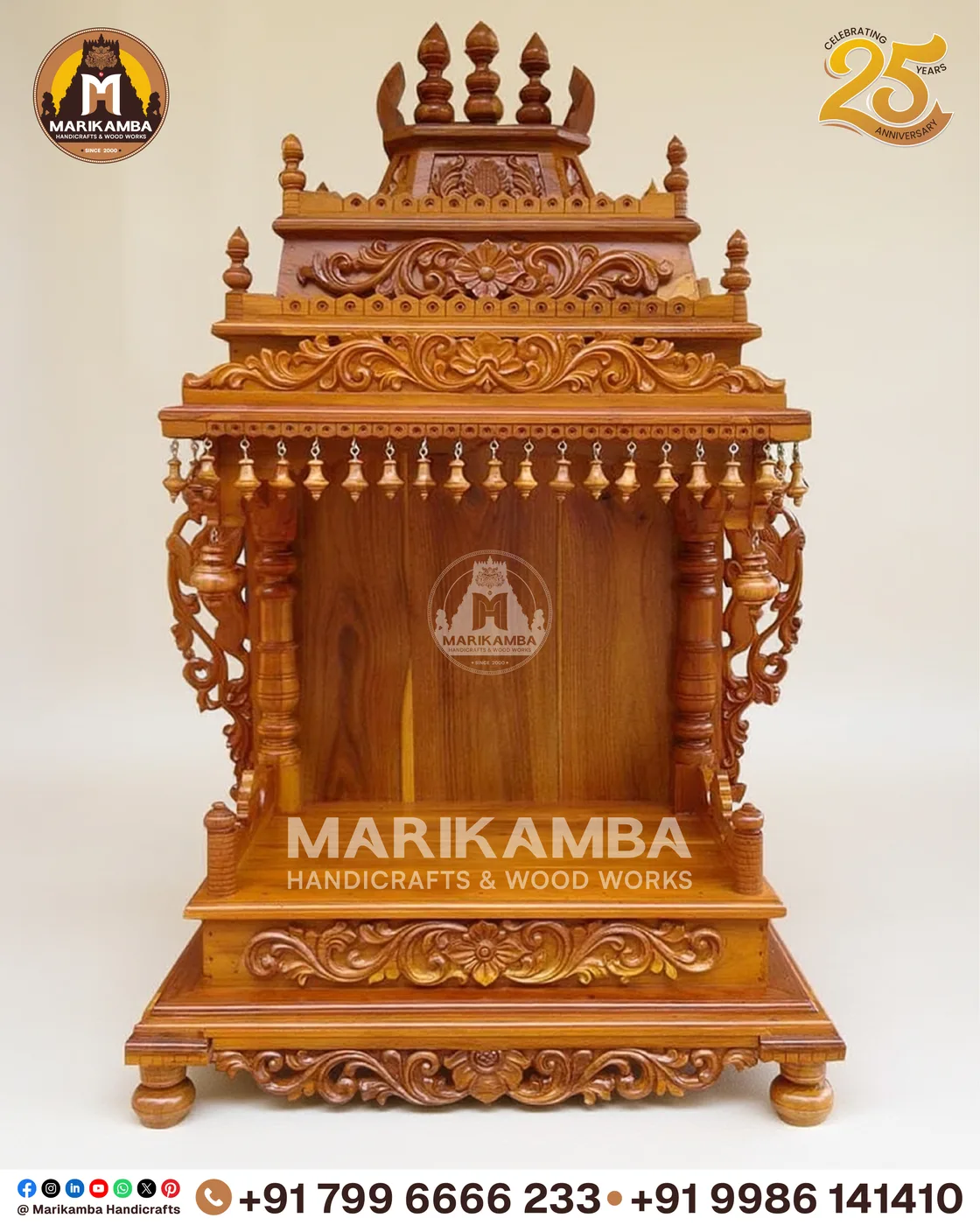 Teakwood pooja mandira with a carved gopuram crown, handmade at the Marikamba atelier in Sirsi — piece 11 of the collection