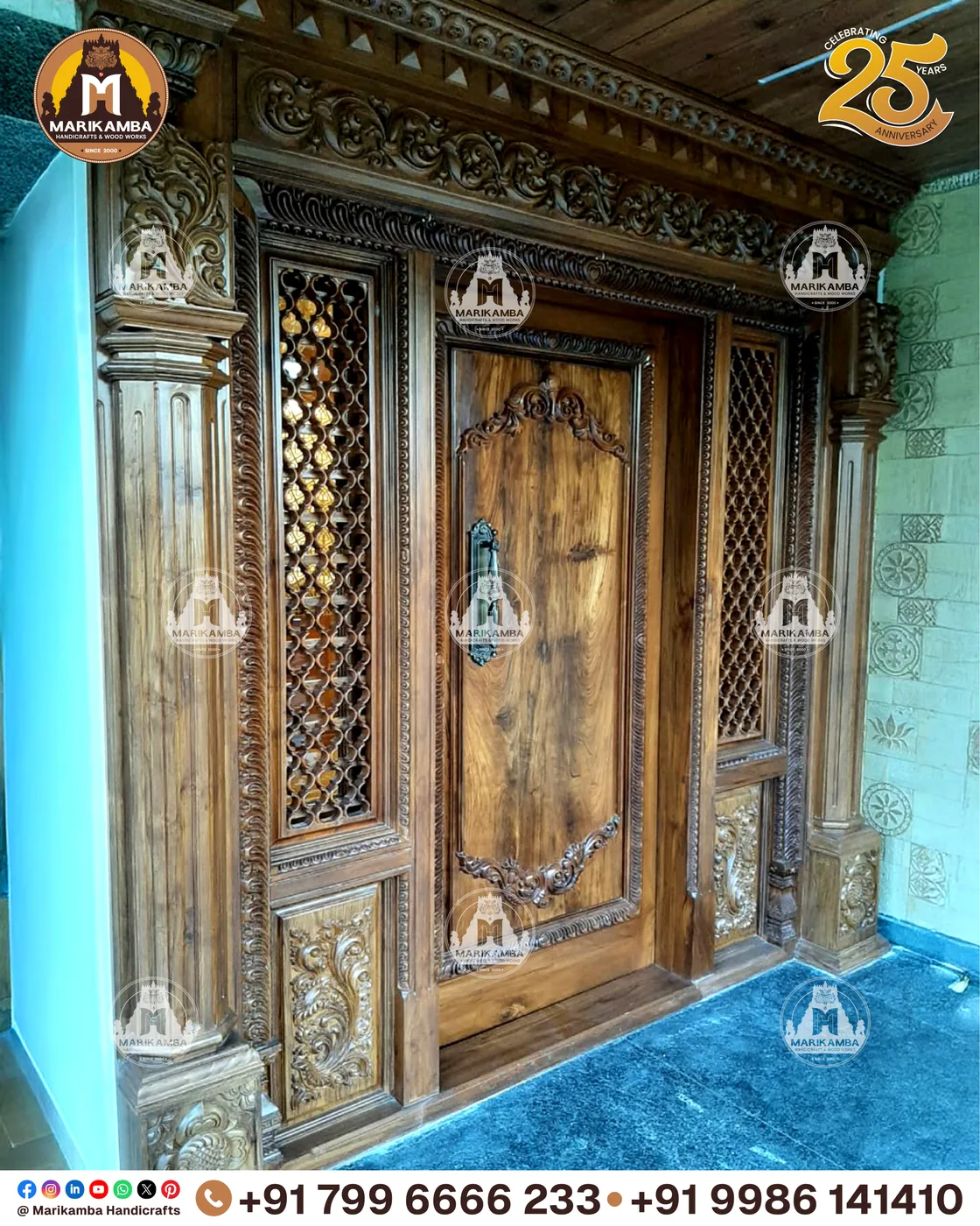 Hand-carved wooden window and jaali panel in traditional Karnataka style