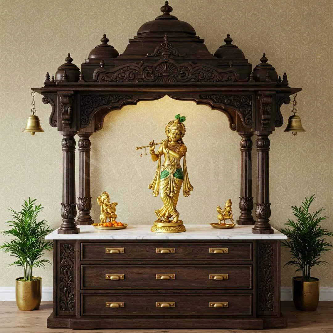 Carved wooden pooja unit design reference with panelled doors and a deity niche (reference 10)