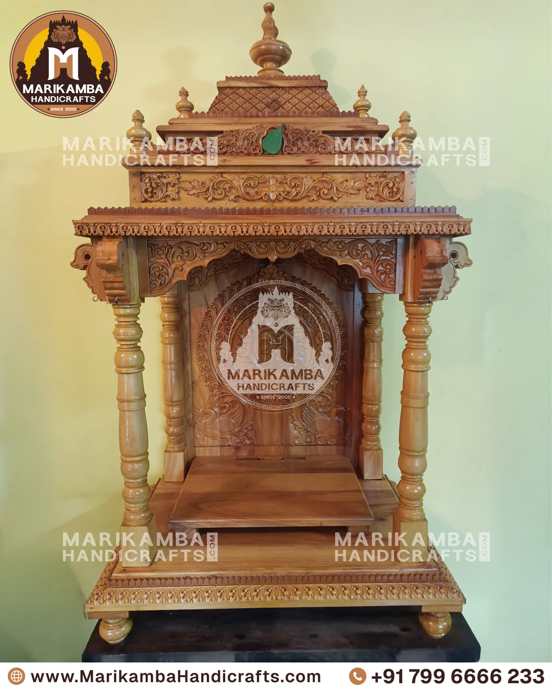 Carved teak pooja mandira finished in a warm natural sheen, ready for installation — piece 70 of the collection
