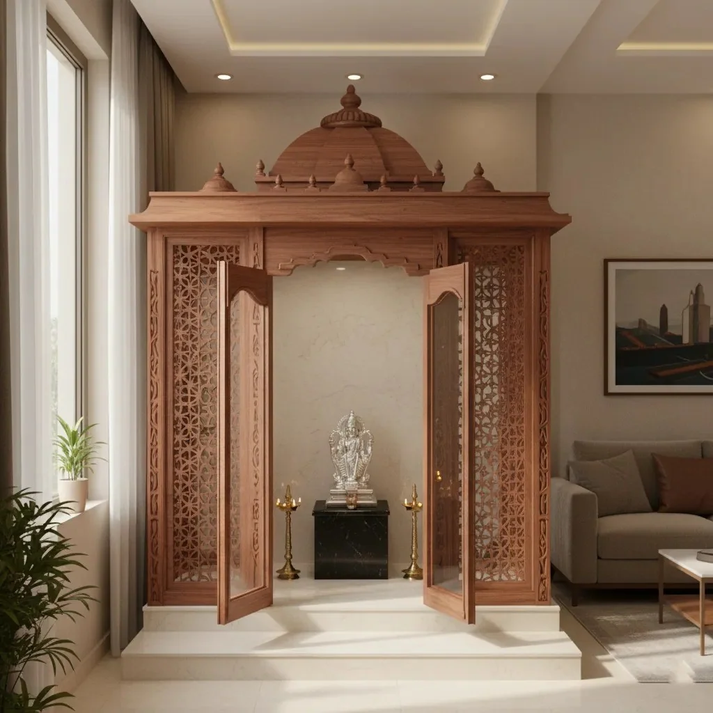 Enclosed walk-in pooja unit design with carved panelling and storage (reference 06)