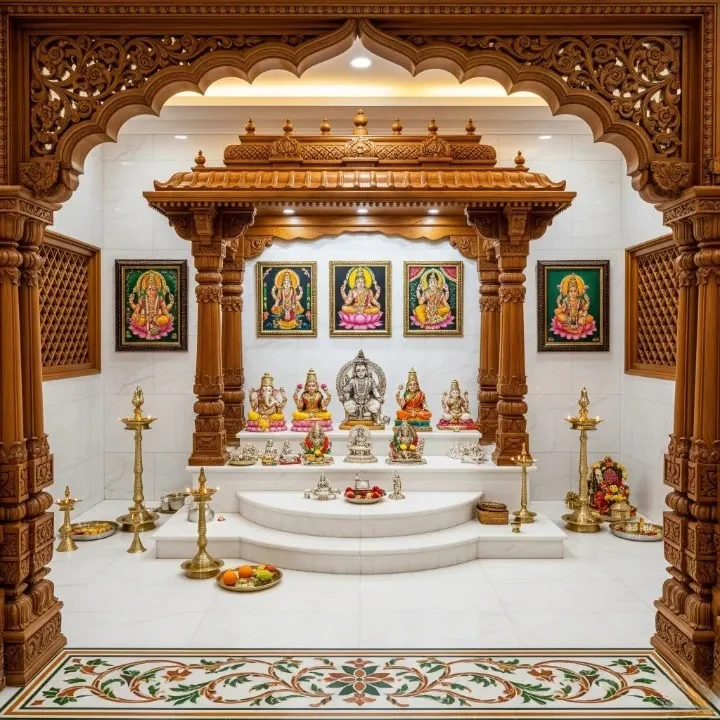 Pooja room interior reference showing carved timber walls and a raised platform (reference 18)