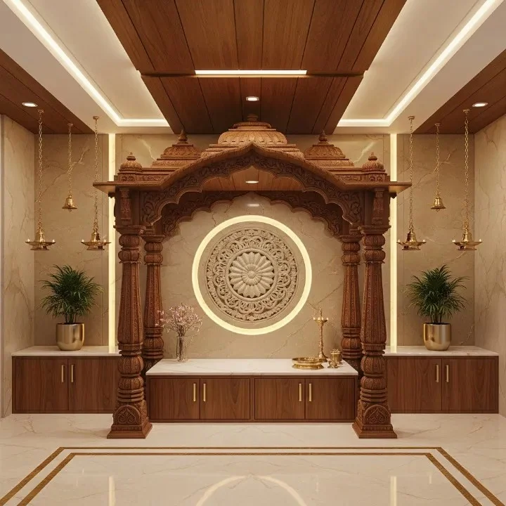 Carved wooden mandap design reference with pillars, arch and tiered crown (reference 22)