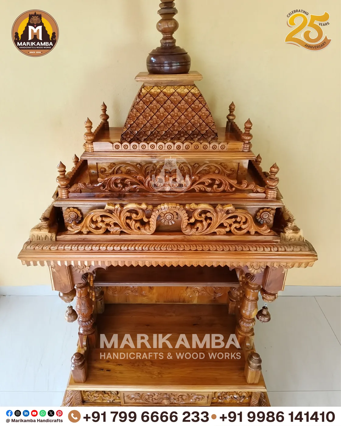 Pooja mandira front elevation showing carved side panels and a raised deity platform — piece 15 of the collection