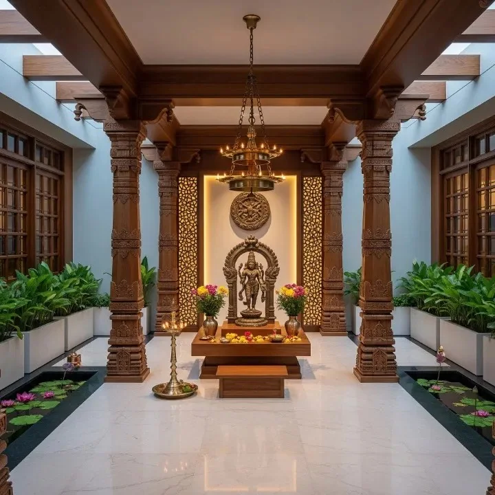Courtyard seating area framed by carved wooden pillars and railings (reference 09)
