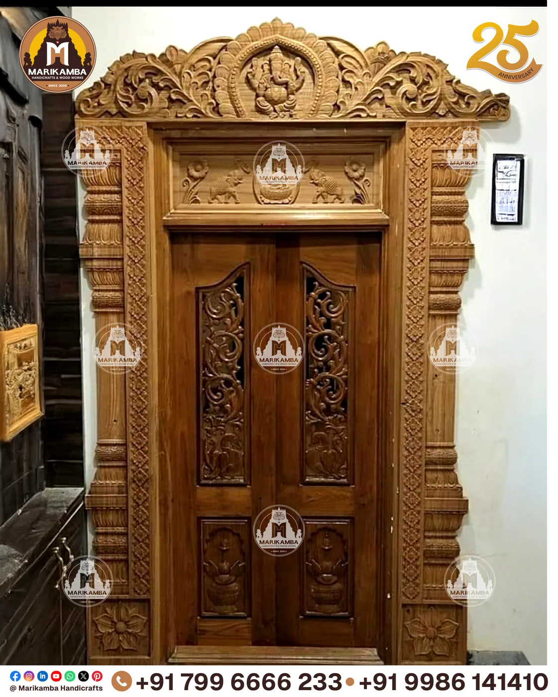 Temple doorway with carved surround, threshold and toranam-style top panel — piece 57 of the collection