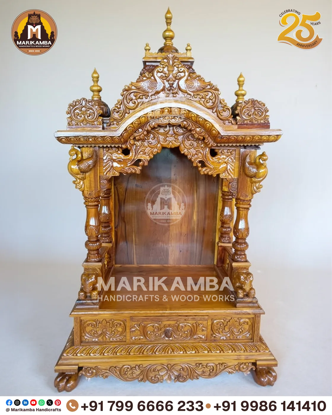 Traditional wooden mandir for the home, with kalasha finials and deep relief carving — piece 24 of the collection
