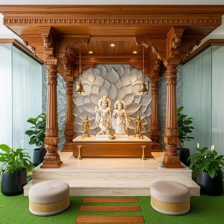 Traditional Indian courtyard reference with carved timber pillars and sloping roof (reference 13)