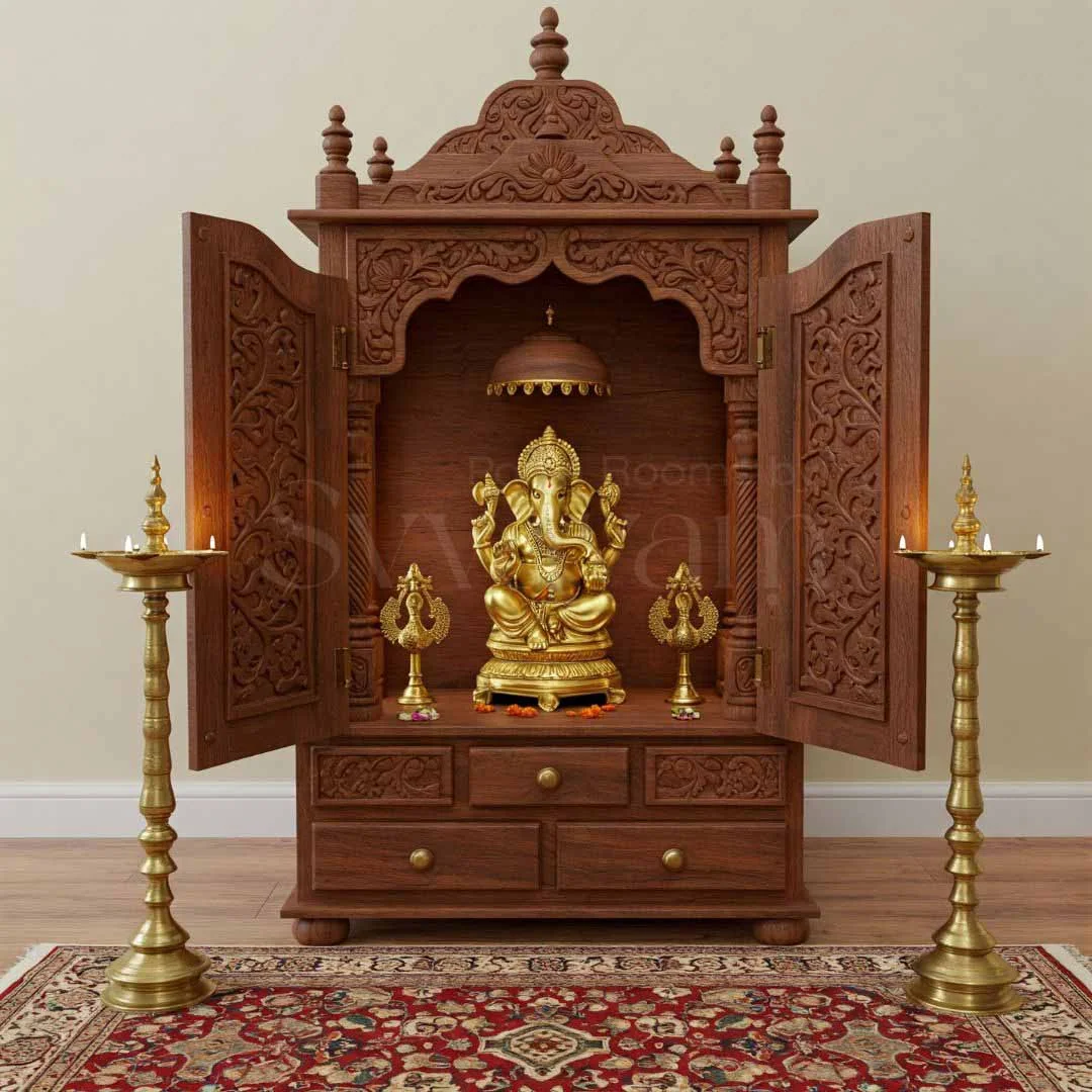 Wooden mandir design reference showing carved pillars, arch and base storage (reference 50)