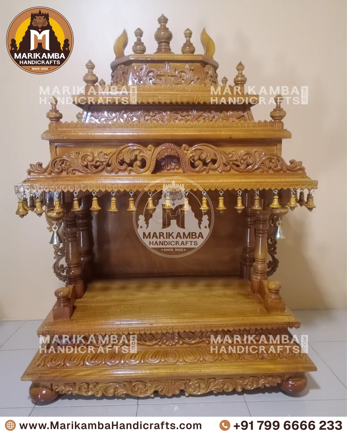Wooden home mandir with turned pillars and a lotus-carved arch, made in Sirsi, Karnataka — piece 92 of the collection