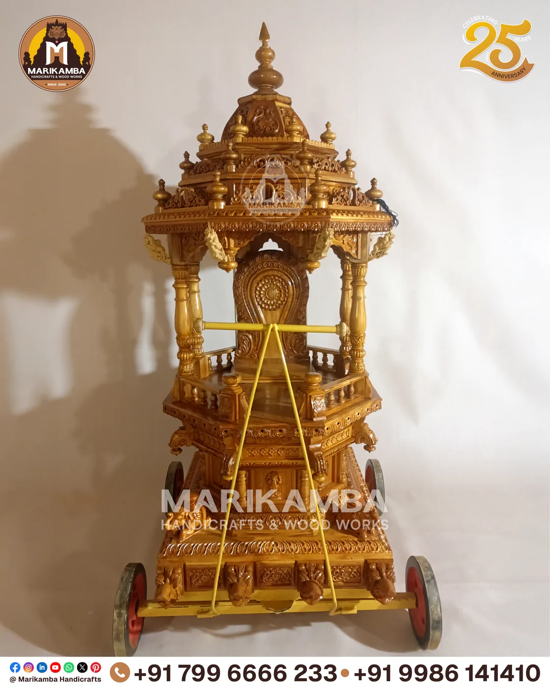 Wooden temple chariot (ratha) with tiered carved tower and spoked wheels, made in Sirsi — piece 09 of the collection