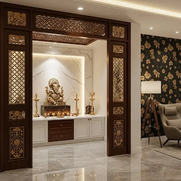 Pooja room back wall reference with carved jaali screens and a deity niche (reference 05)
