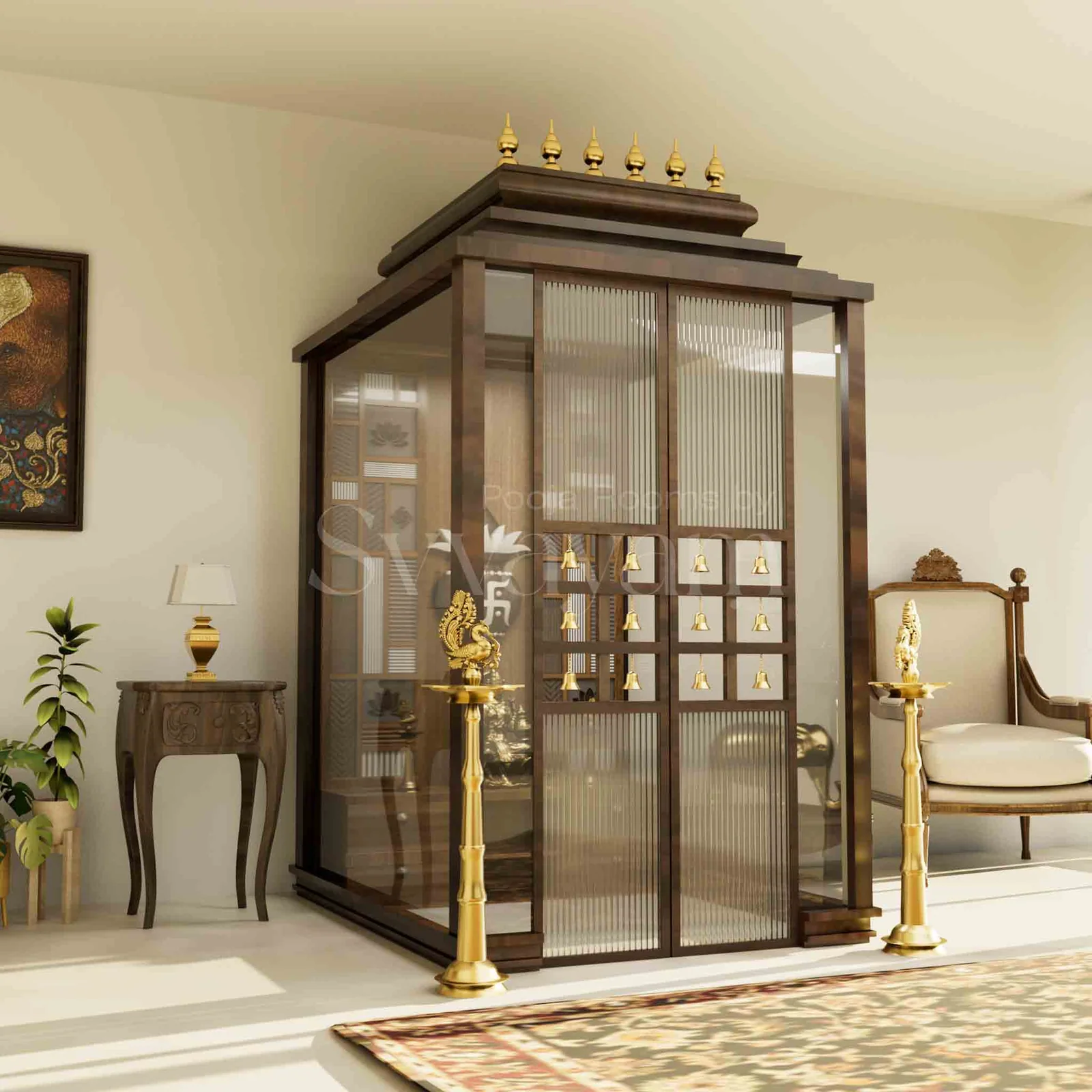 Wooden mandir design reference showing carved pillars, arch and base storage