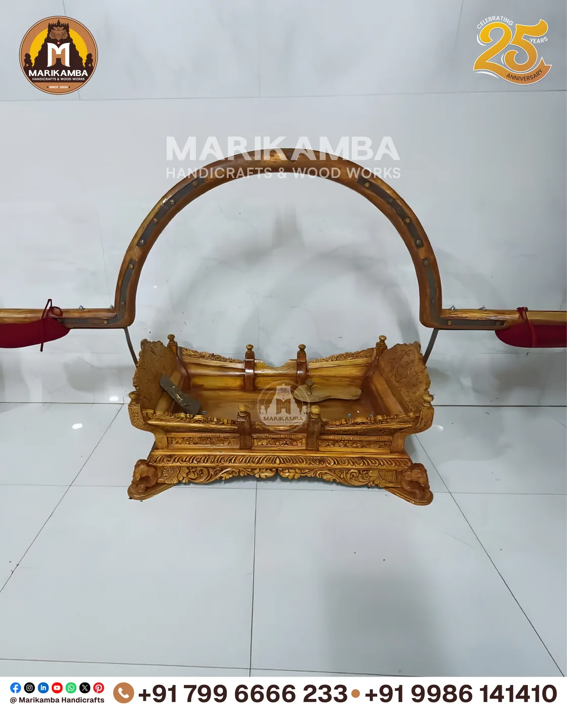Wooden pallaki (palanquin) with carved canopy, side panels and carrying poles
