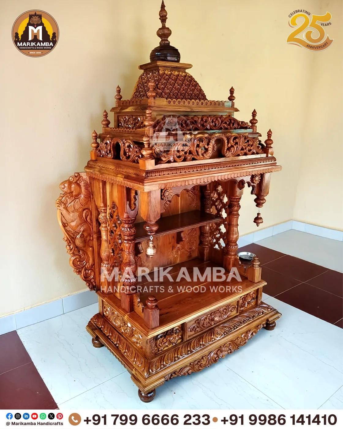 Traditional wooden mandir for the home, with kalasha finials and deep relief carving — piece 14 of the collection