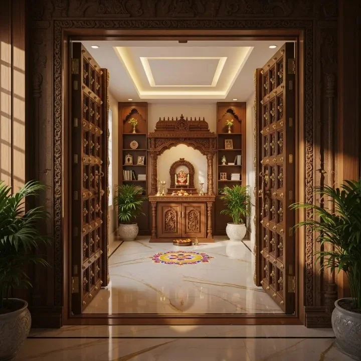 Full pooja room design reference with carved mandir, back wall and ceiling work (reference 07)