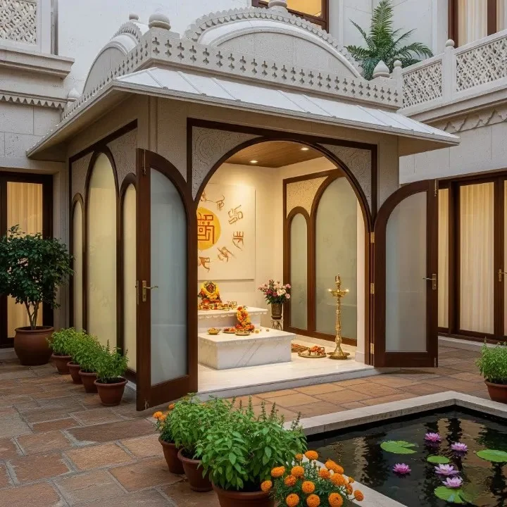 Inner courtyard design with wooden columns, brackets and an open skylight