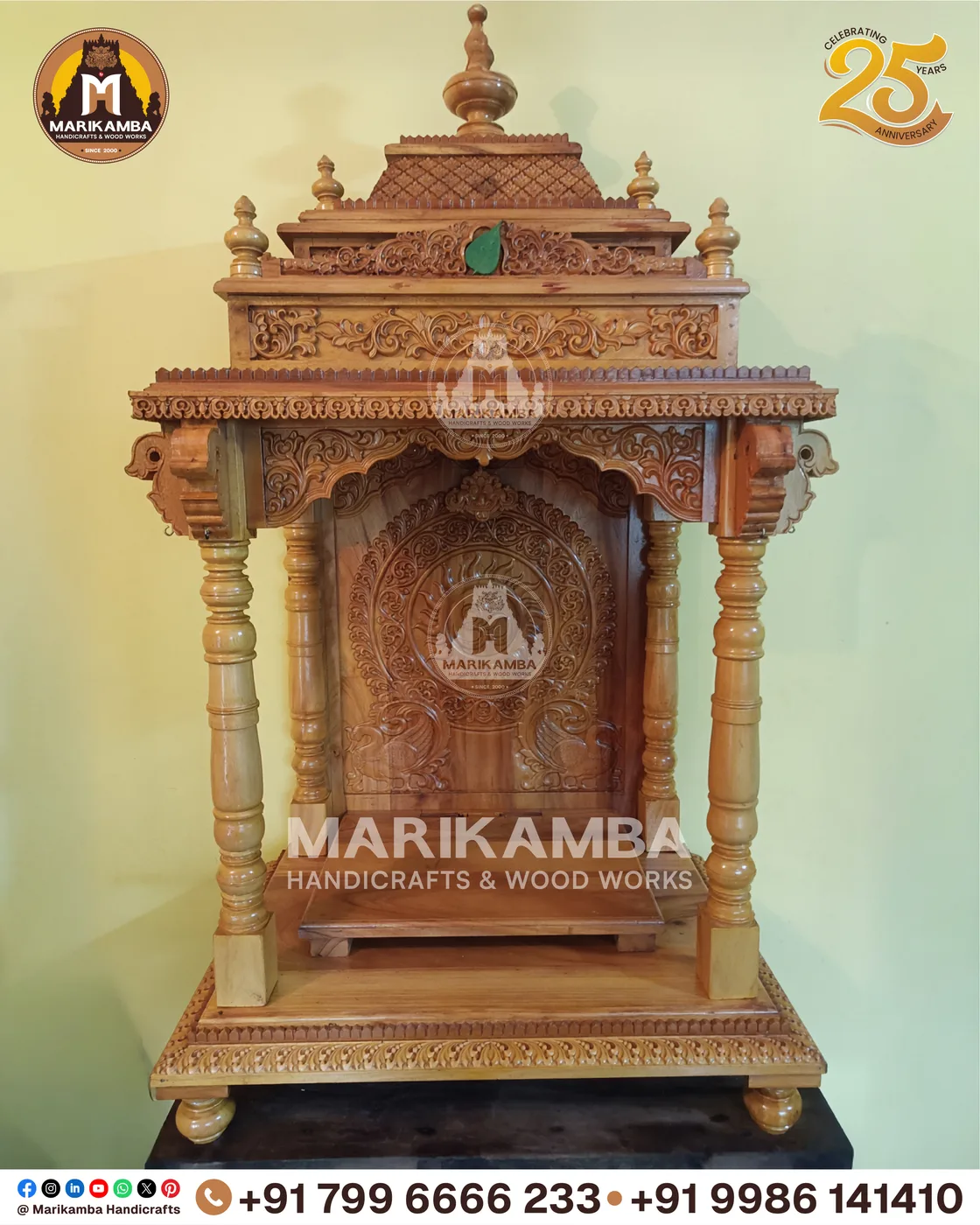 Wooden home mandir with turned pillars and a lotus-carved arch, made in Sirsi, Karnataka — piece 42 of the collection