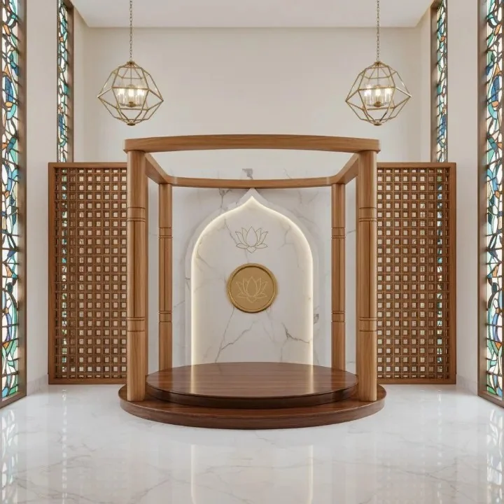 Walk-in pooja unit design reference with carved doors and internal shelving (reference 04)