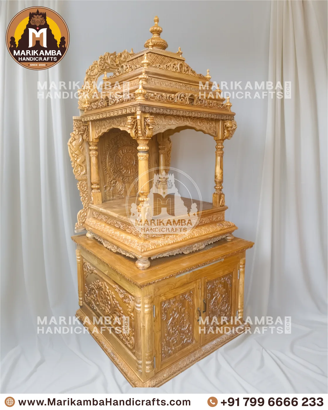 Carved teak pooja mandira finished in a warm natural sheen, ready for installation — piece 110 of the collection