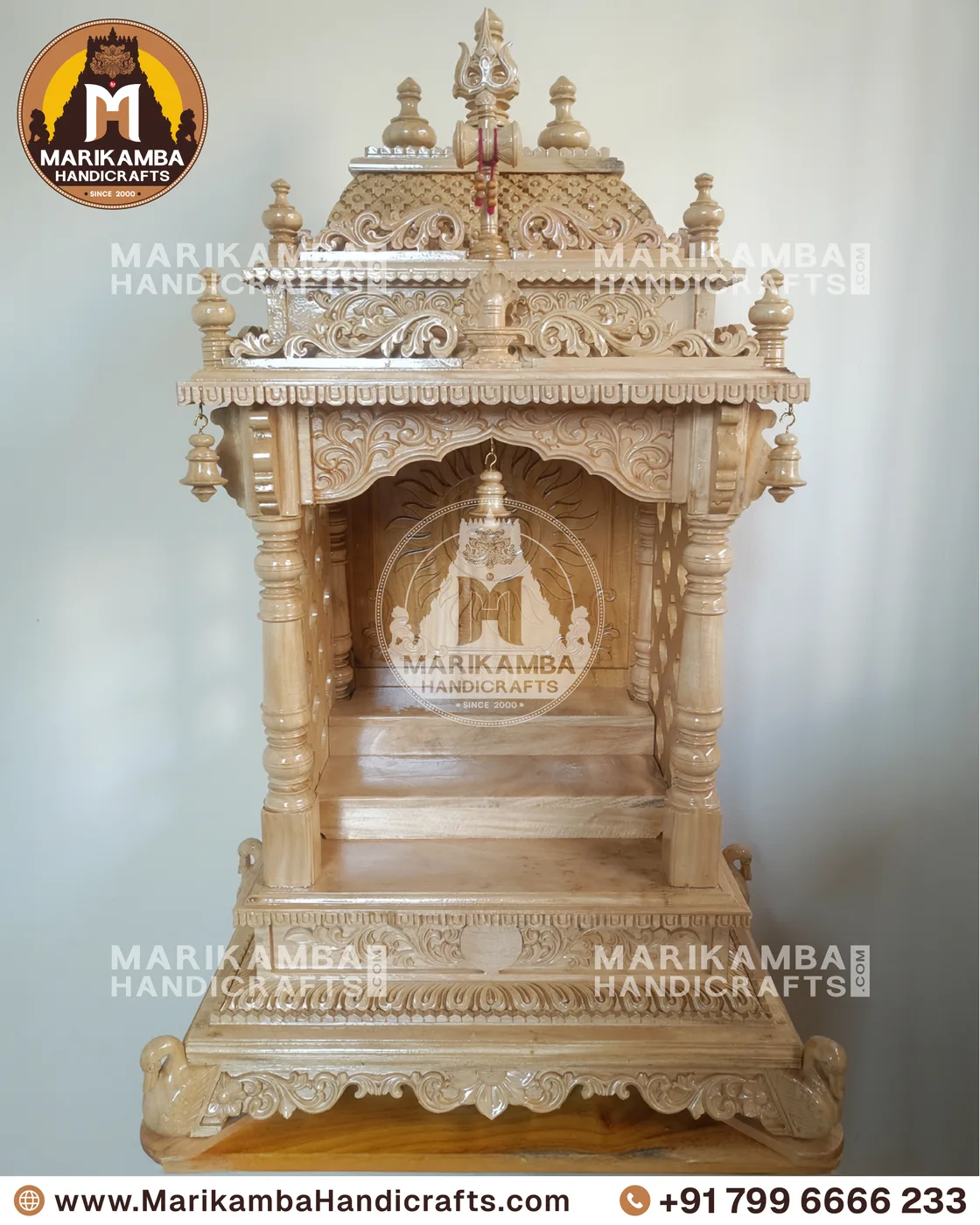 Traditional wooden mandir for the home, with kalasha finials and deep relief carving — piece 94 of the collection