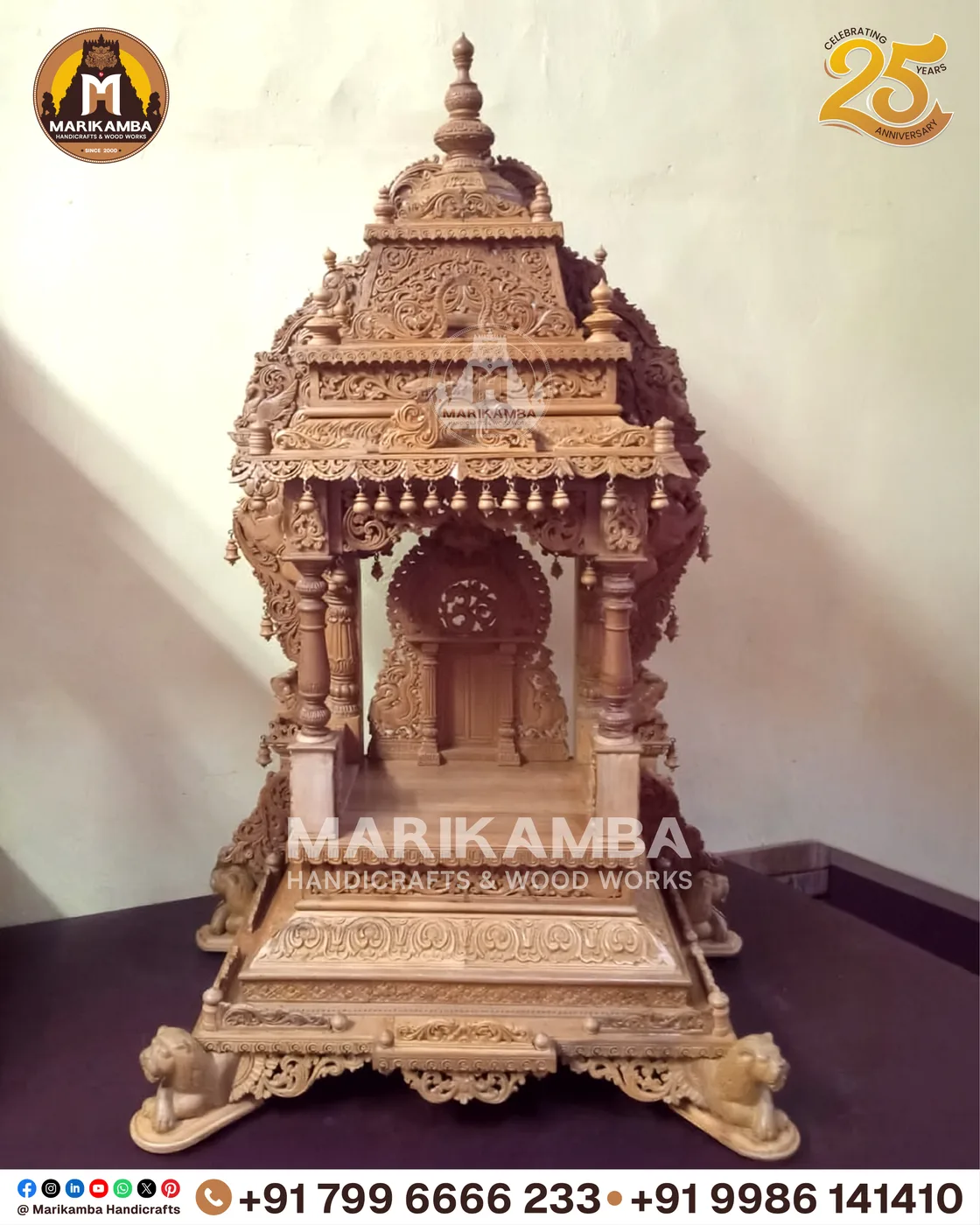 Wooden home mandir with turned pillars and a lotus-carved arch, made in Sirsi, Karnataka — piece 22 of the collection