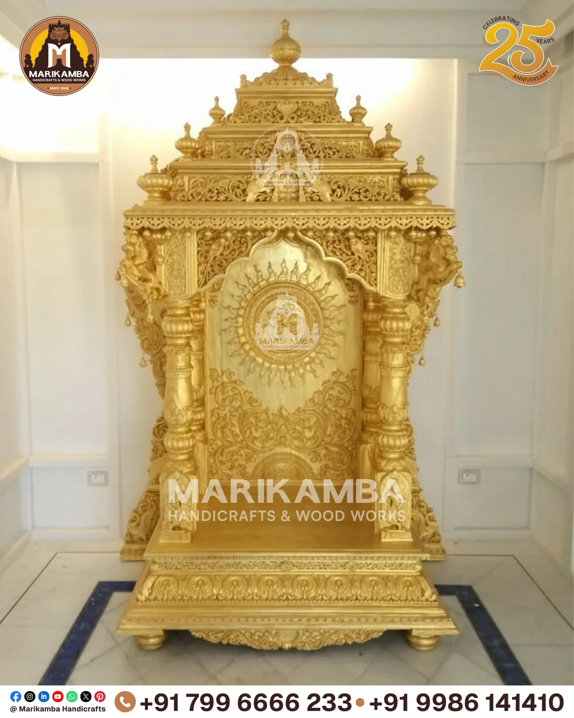 Carved teak pooja mandira finished in a warm natural sheen, ready for installation — piece 30 of the collection