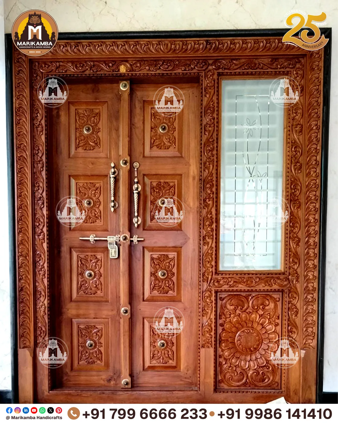 Carved teakwood temple door with figures, lotus bands and heavy frame, made in Sirsi — piece 61 of the collection