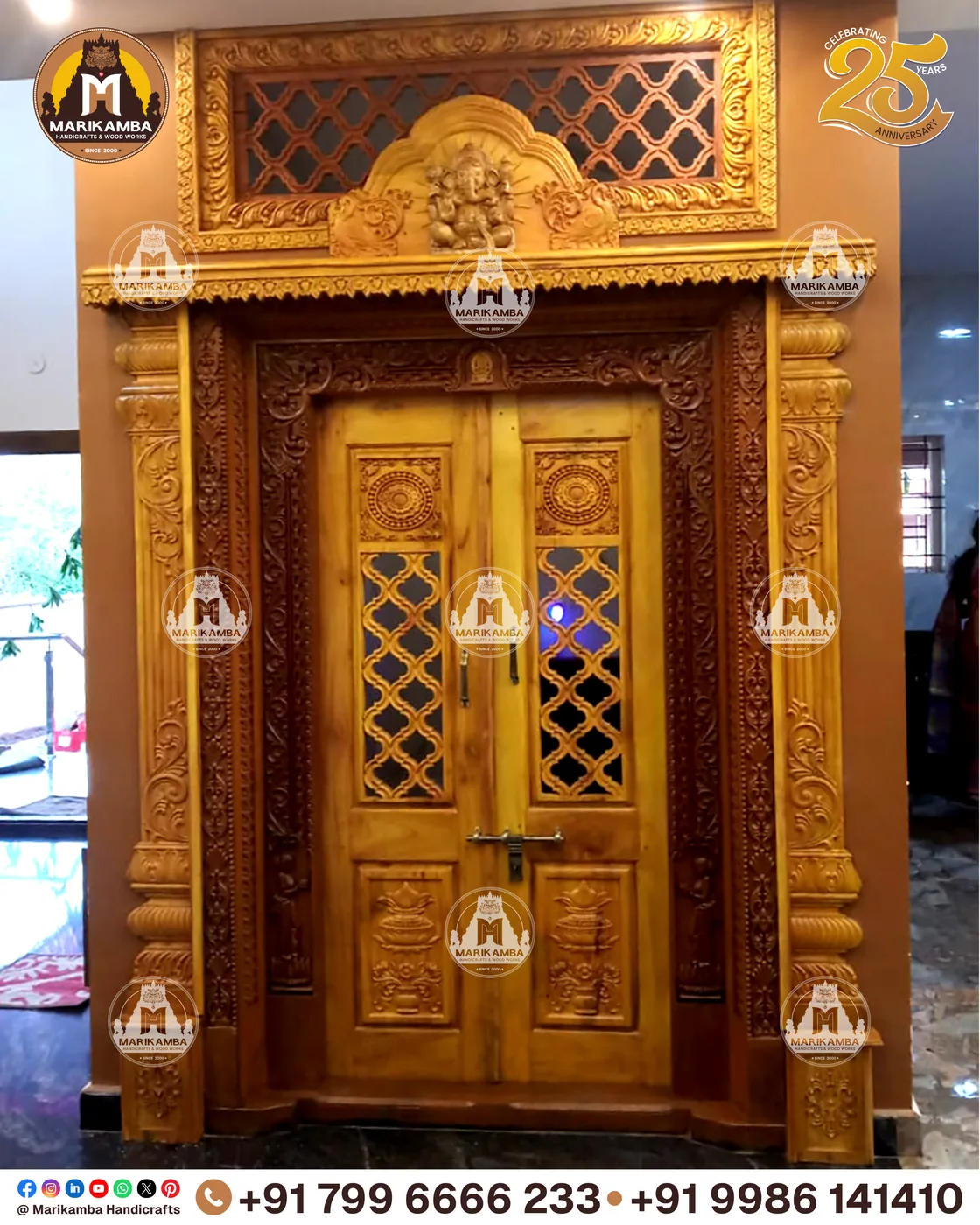 Double-leaf carved door with deity relief panels and brass-fitted joinery — piece 34 of the collection