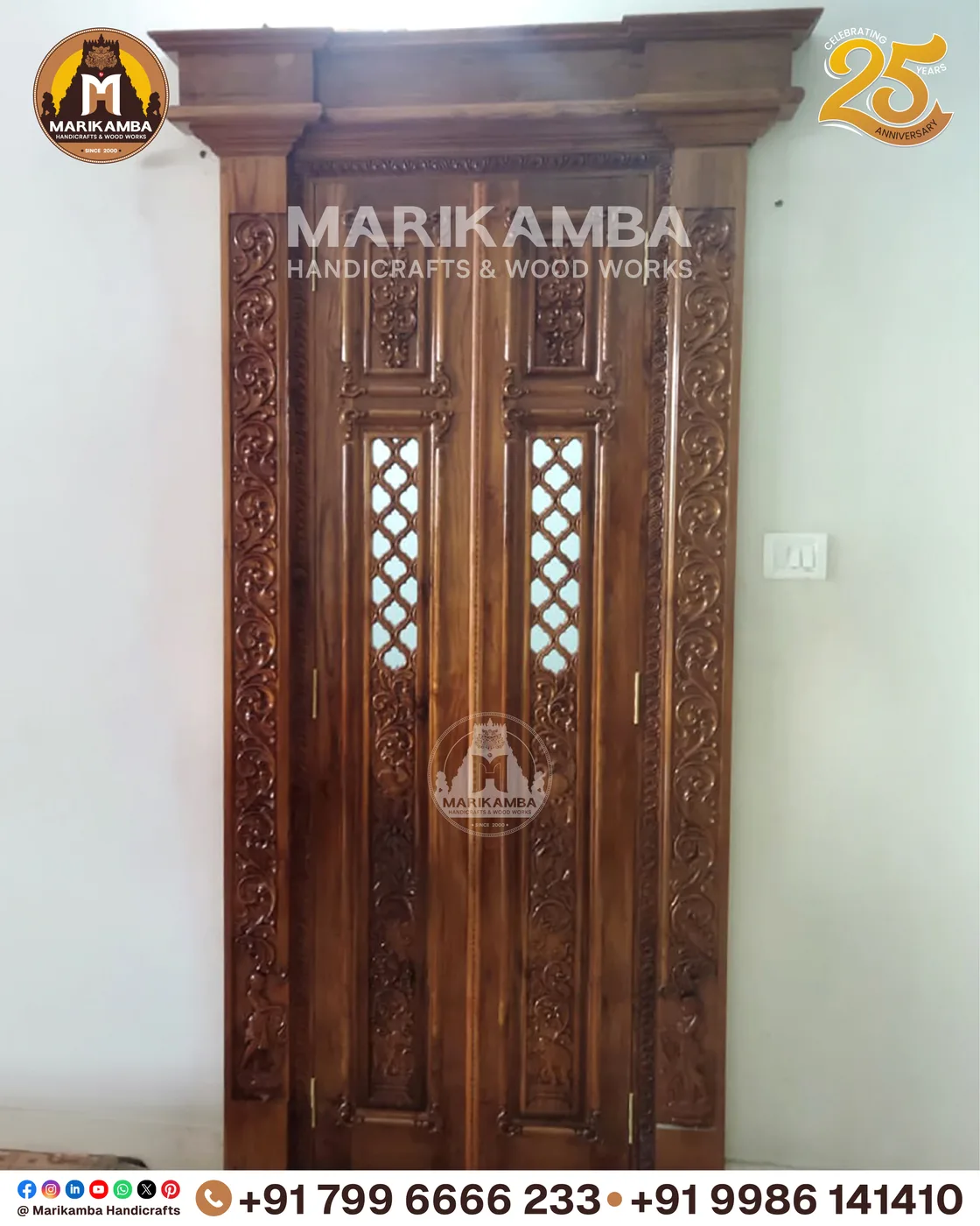 Wooden home entrance door with carved panels and a decorated lintel — piece 12 of the collection