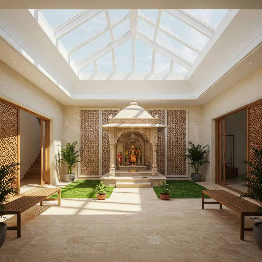 Carved wooden pooja unit design reference with panelled doors and a deity niche (reference 22)
