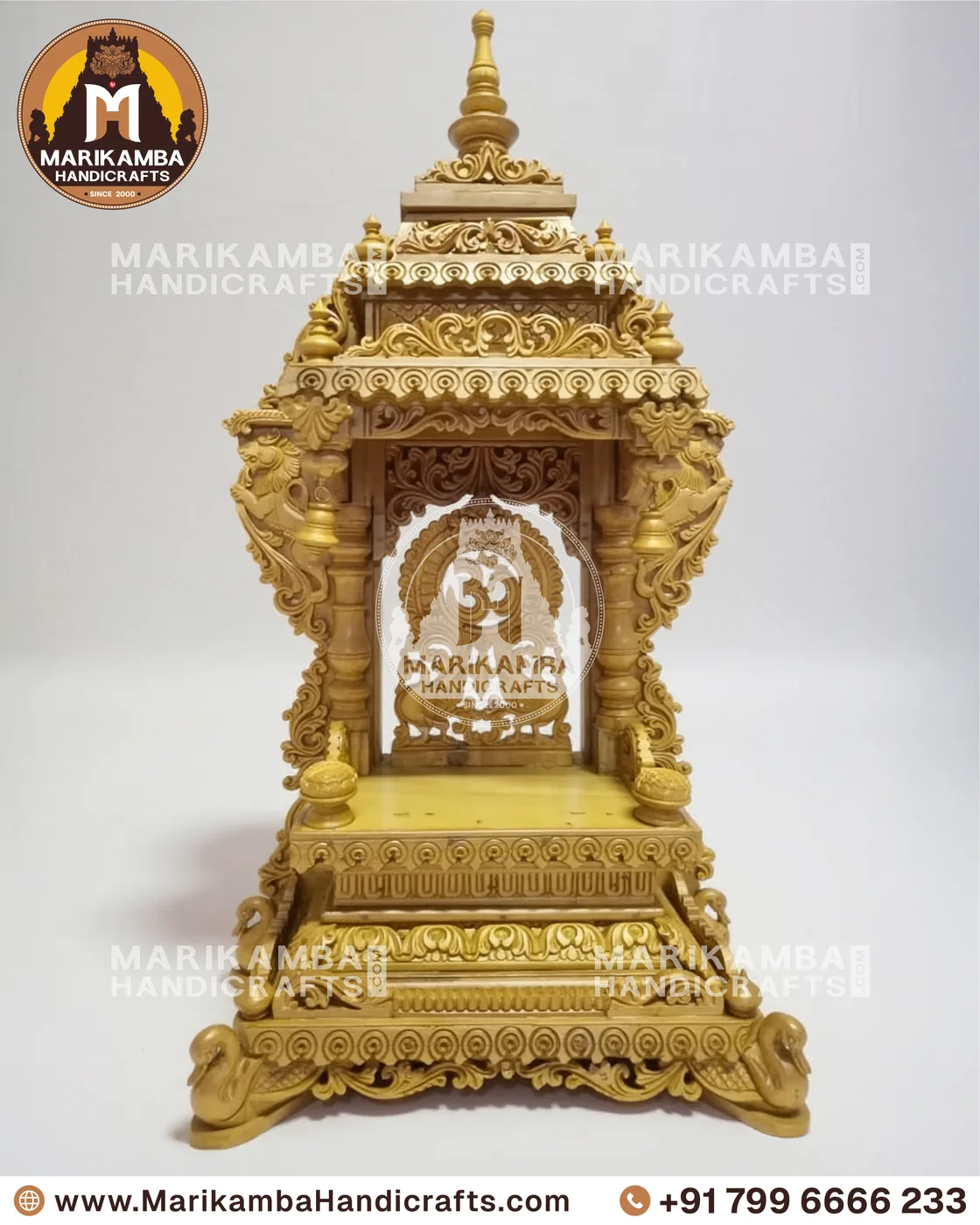 Temple-style wooden mantapa with pilasters, brackets and hand-chiselled detailing — piece 127 of the collection