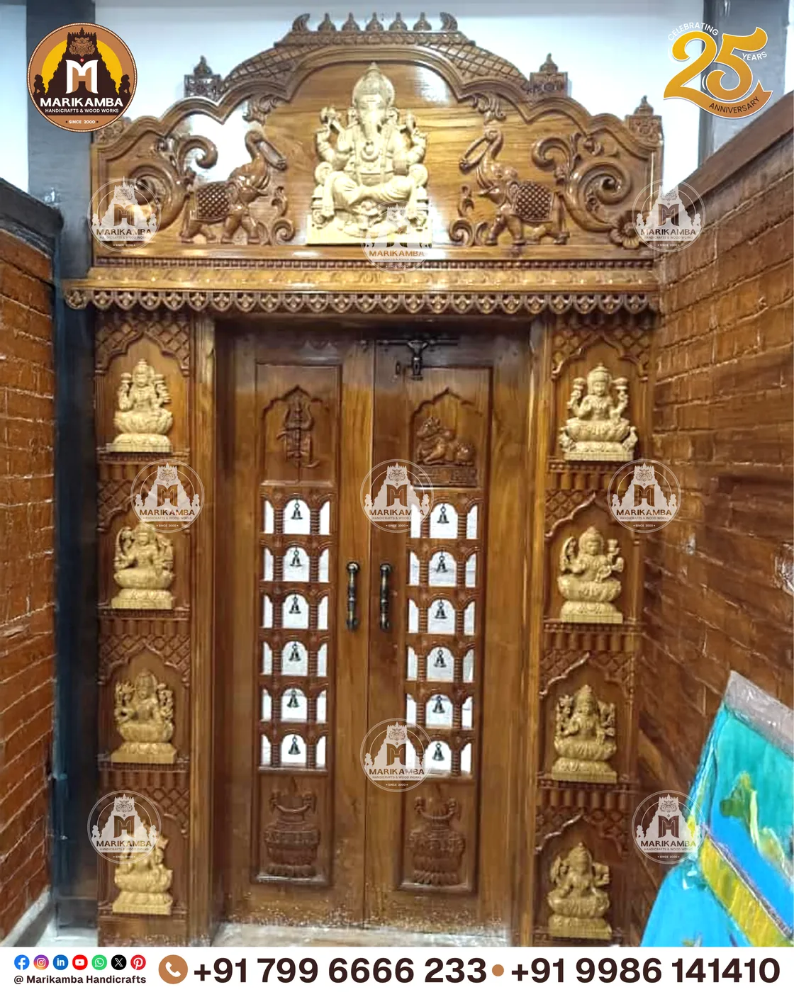Entrance door and frame set, carved and finished at the Marikamba workshop — piece 79 of the collection