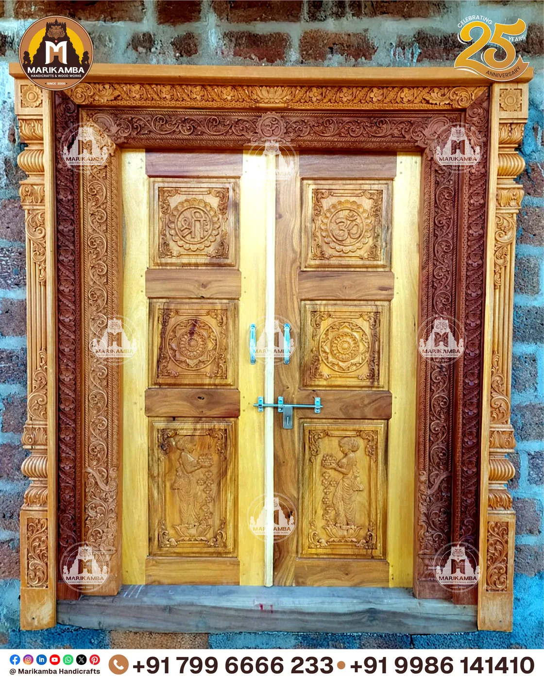 Double-leaf carved door with deity relief panels and brass-fitted joinery — piece 54 of the collection