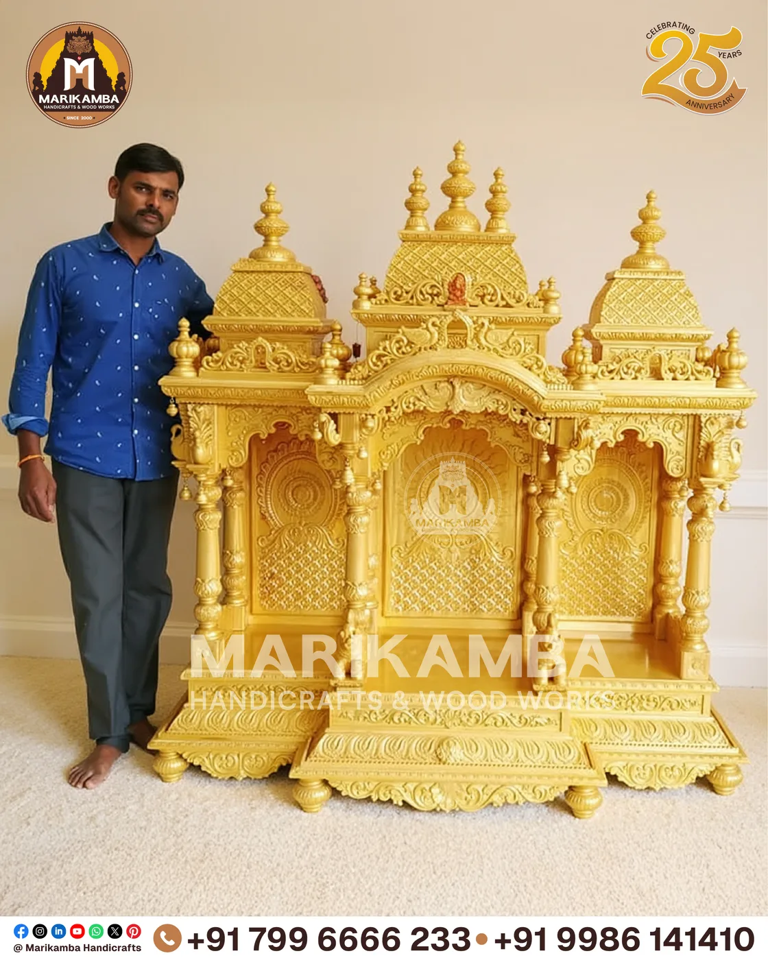 Wooden home mandir with turned pillars and a lotus-carved arch, made in Sirsi, Karnataka — piece 32 of the collection