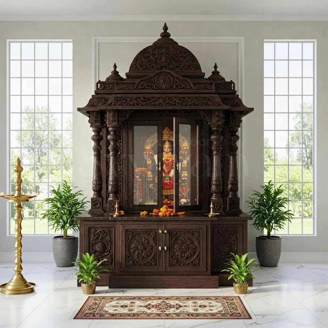 Pooja unit reference with carved top crown, lamp shelf and drawer base (reference 09)