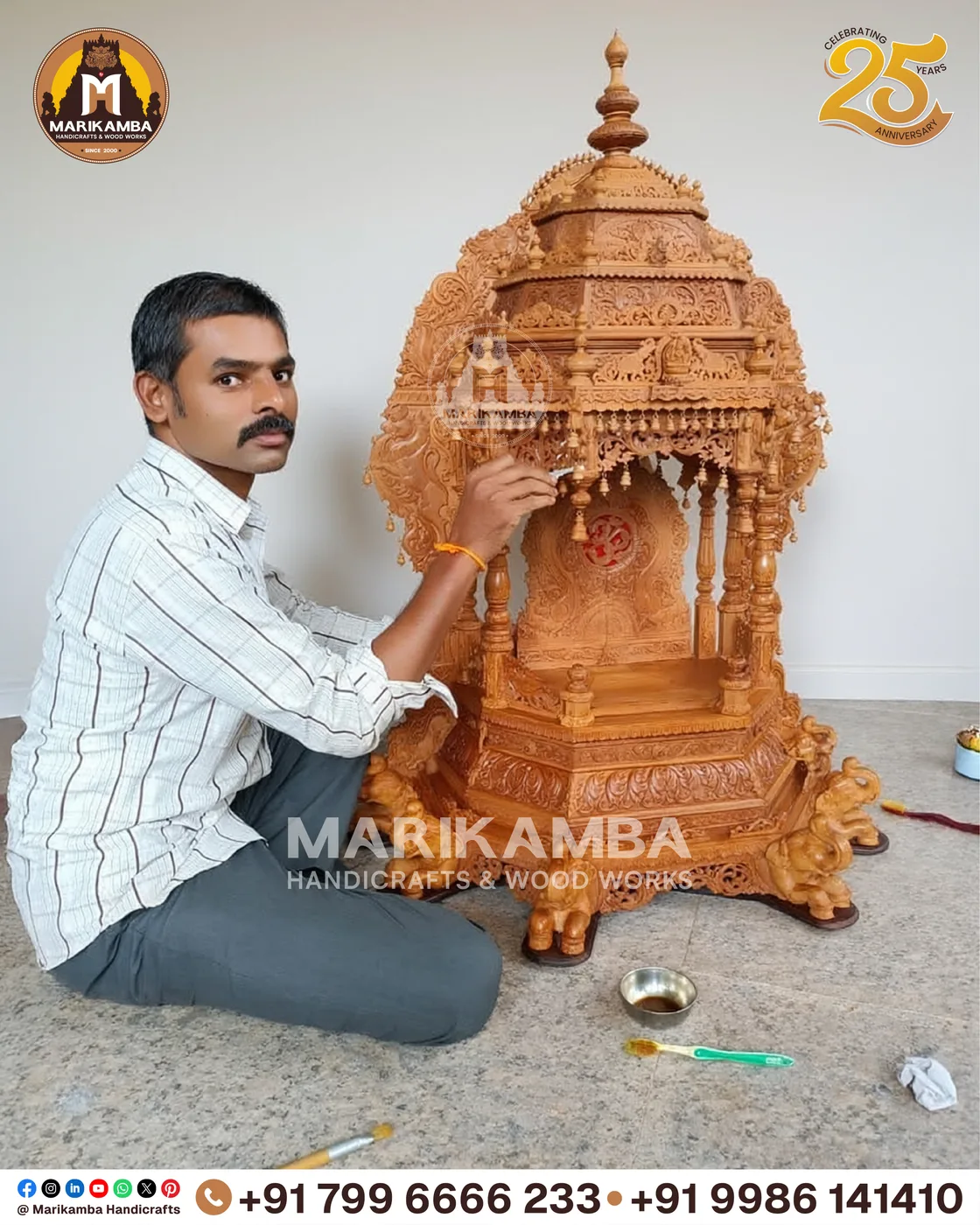 Teakwood pooja mandira with a carved gopuram crown, handmade at the Marikamba atelier in Sirsi — piece 21 of the collection