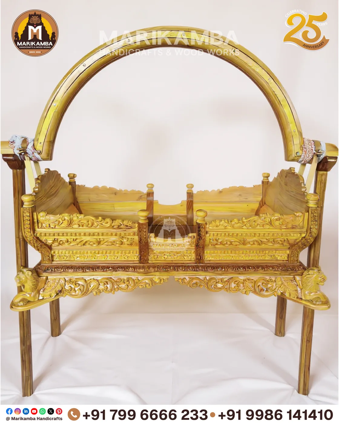 Hand-carved temple palanquin with pillared canopy and floral relief panels