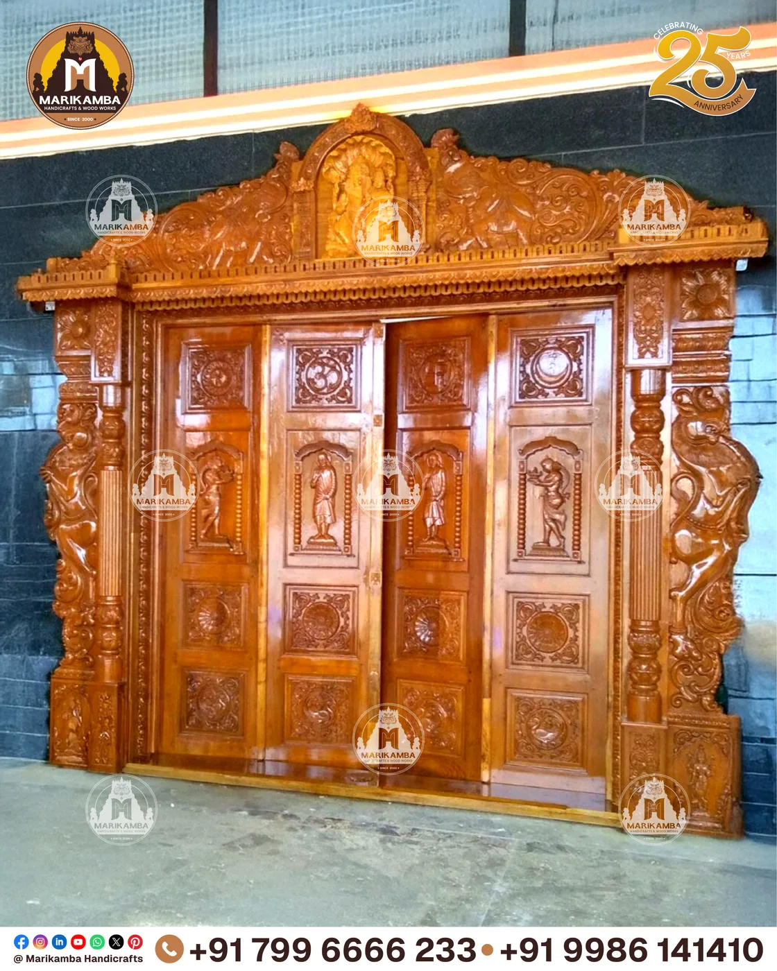 Temple doorway with carved surround, threshold and toranam-style top panel