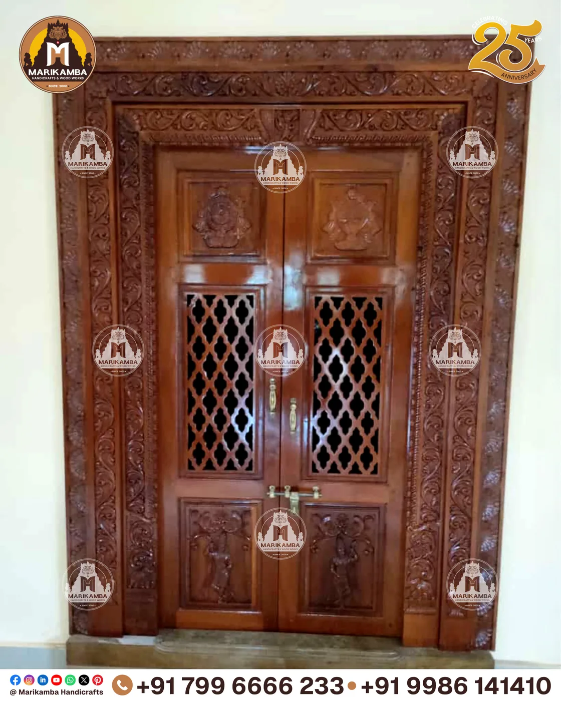 Traditional Karnataka-style carved door frame with guardian figures at the jambs — piece 55 of the collection