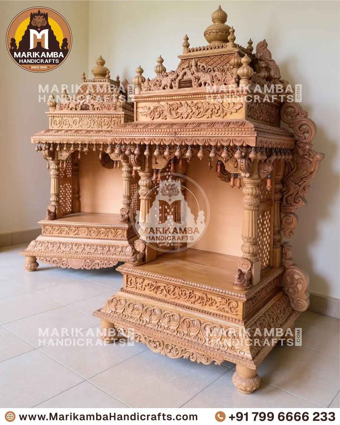Carved pooja mantapa with layered temple-tower roof and floral panelling — piece 113 of the collection