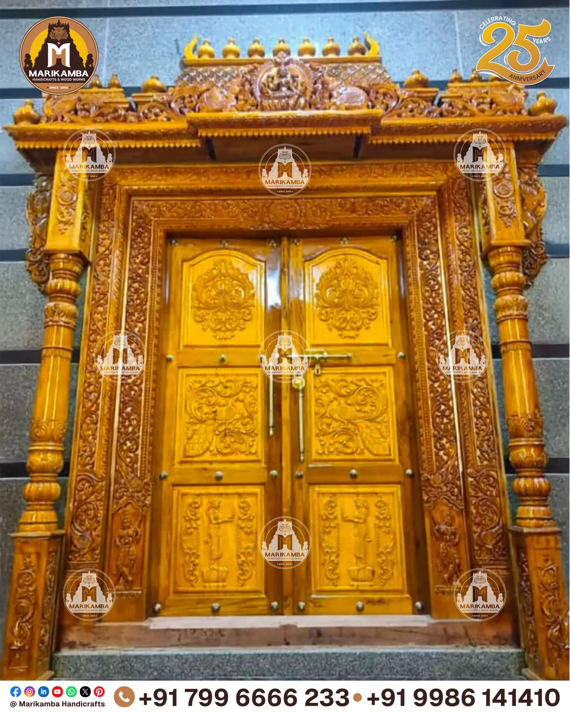 Entrance door and frame set, carved and finished at the Marikamba workshop — piece 29 of the collection