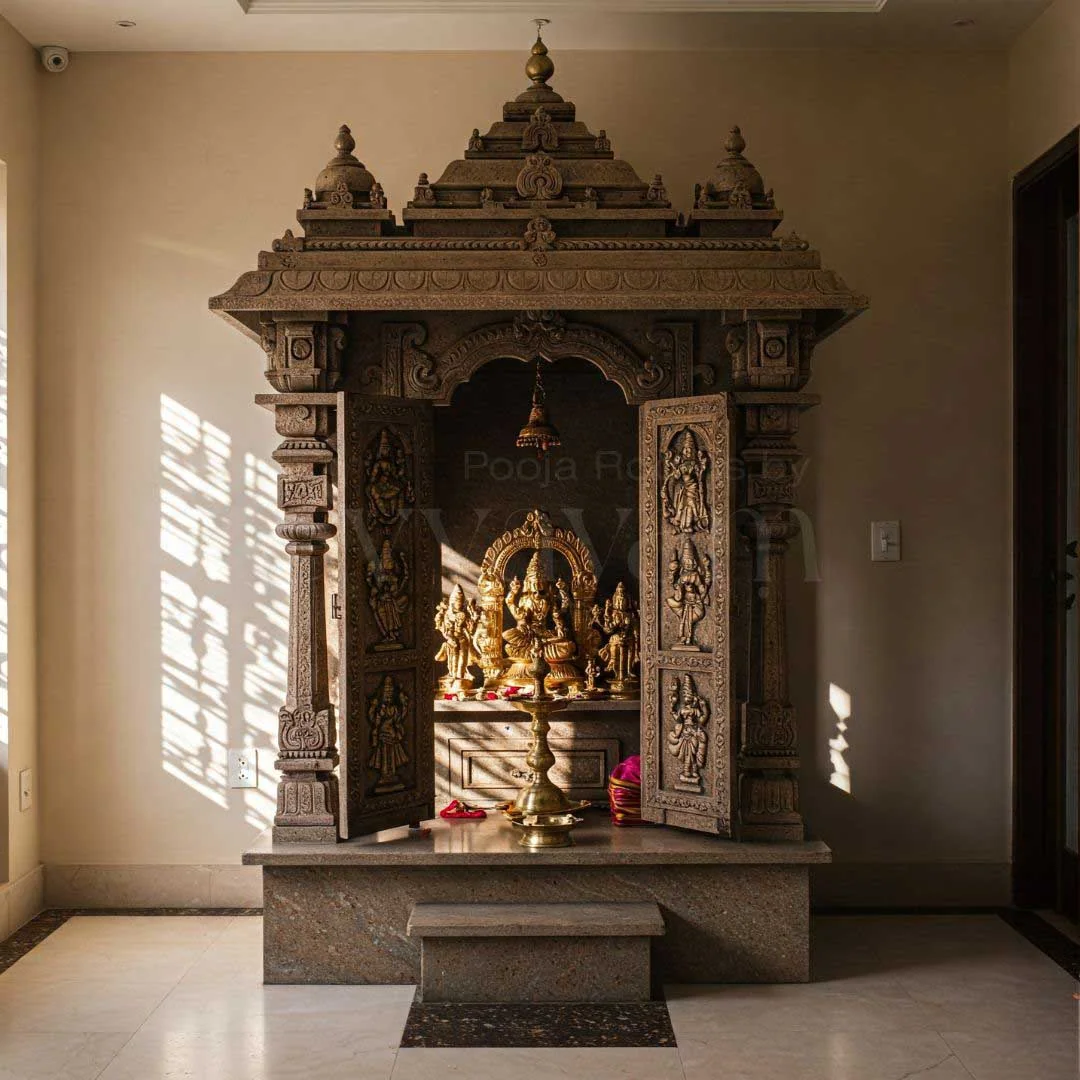 Pooja unit reference with carved top crown, lamp shelf and drawer base (reference 12)