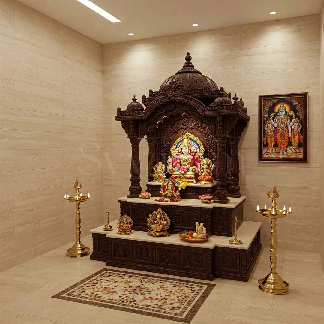 Carved wooden pooja unit design reference with panelled doors and a deity niche (reference 25)