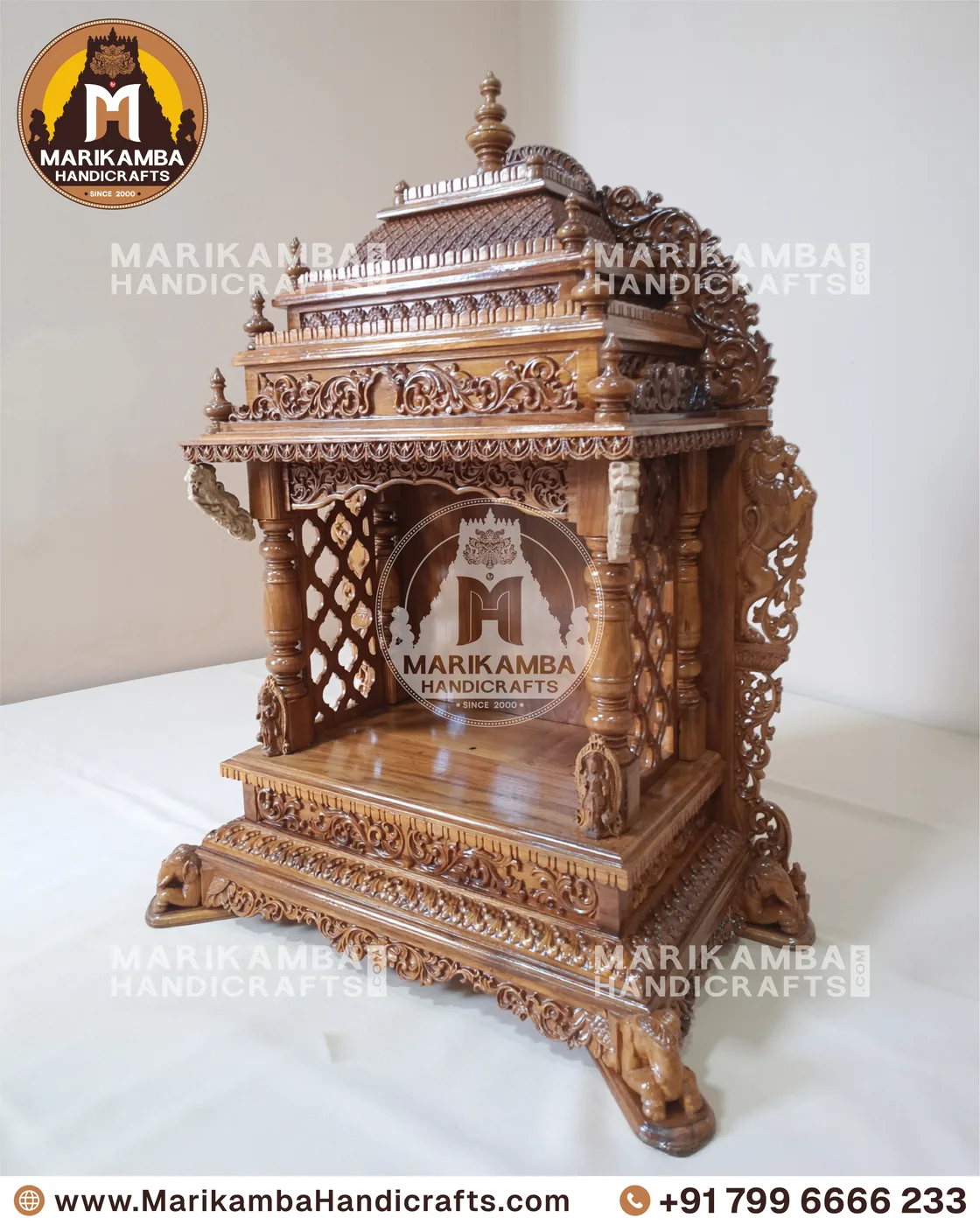 Traditional wooden mandir for the home, with kalasha finials and deep relief carving — piece 74 of the collection