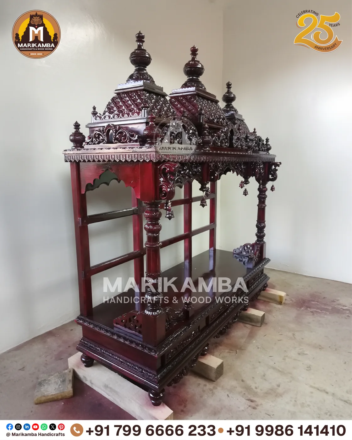 Full-height wooden mandir with stepped tower, side jaali panels and storage base
